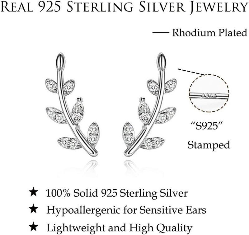 Reffeer Solid 925 Sterling Silver Leaf Crawler Stud Earrings for Women Teen Girls Crystal Leaf Stud Earrings - Image 5